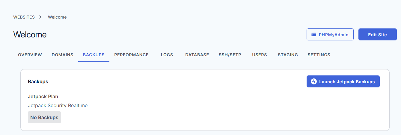 Bluehost Cloud Hosting Backups Tab