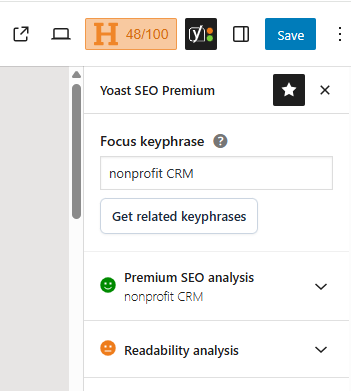 Yoast SEO Premium sidebar - Enter a focus keyphrase