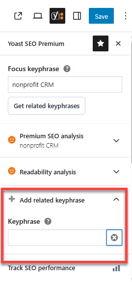 Yoast SEO Premium sidebar - Enter related keyphrase