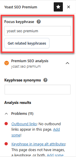 Yoast SEO Premium sidebar - Focus keyphrase
