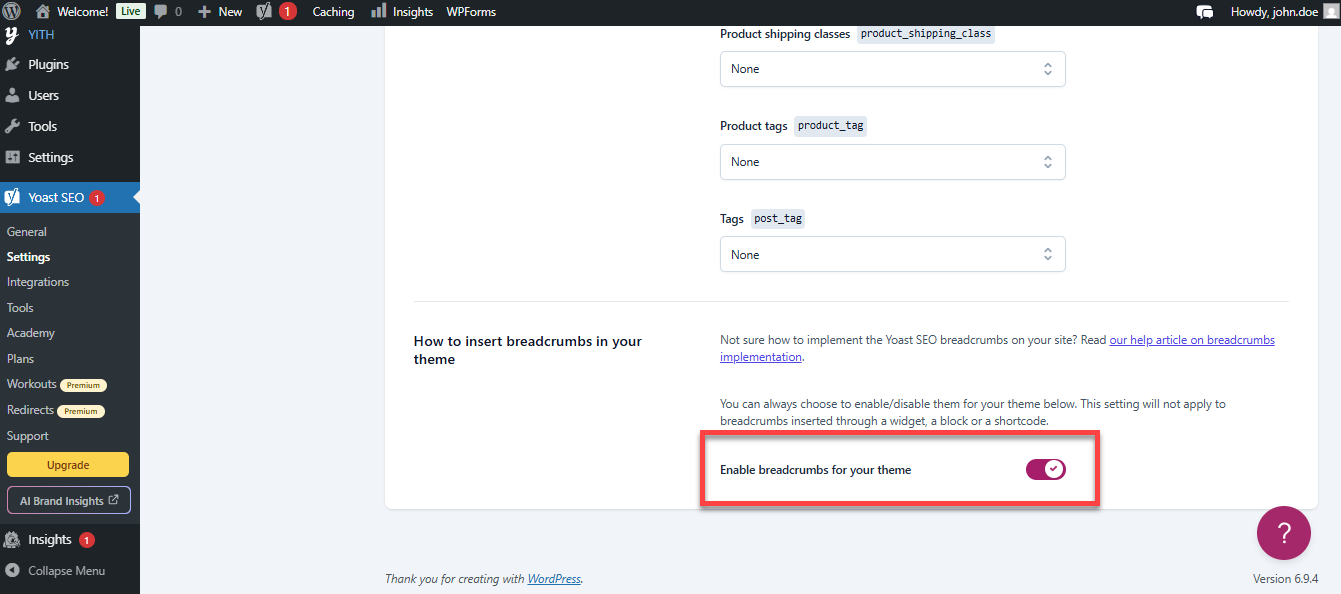 Yoast SEO Premium - Advanced - Breadcrumbs toggle