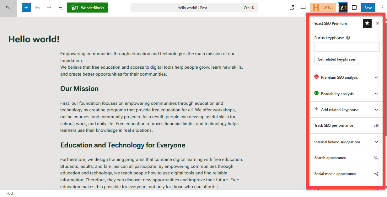 Yoast SEO Premium sidebar