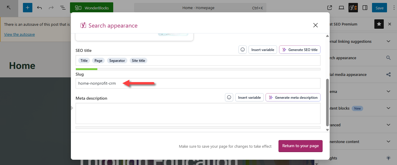 Yoast SEO Premium - Update Slug