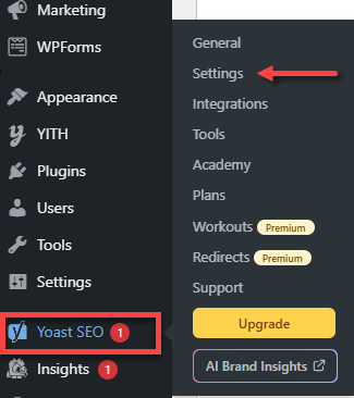 WordPress dashboard - Yoast SEO - Settings