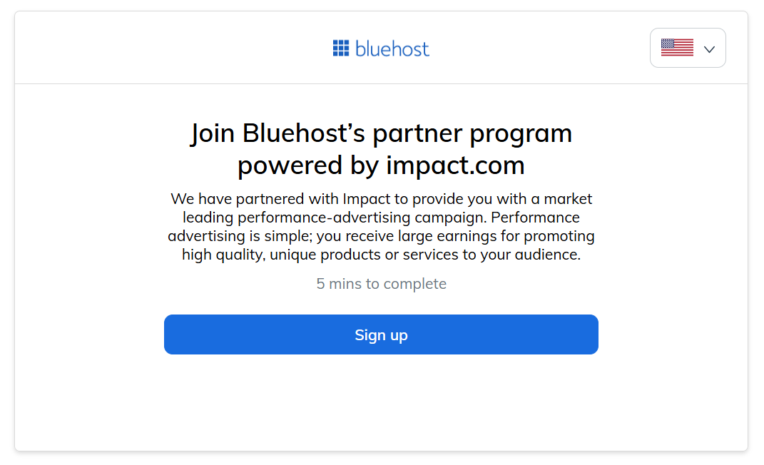 Bluehost Partner Program Page Sign Up button