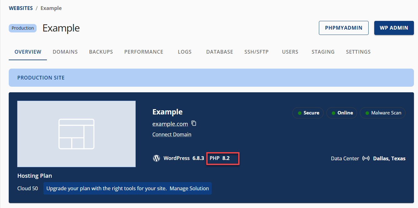 Bluehost Account Manager - Websites Tab - Overview PHP Version View