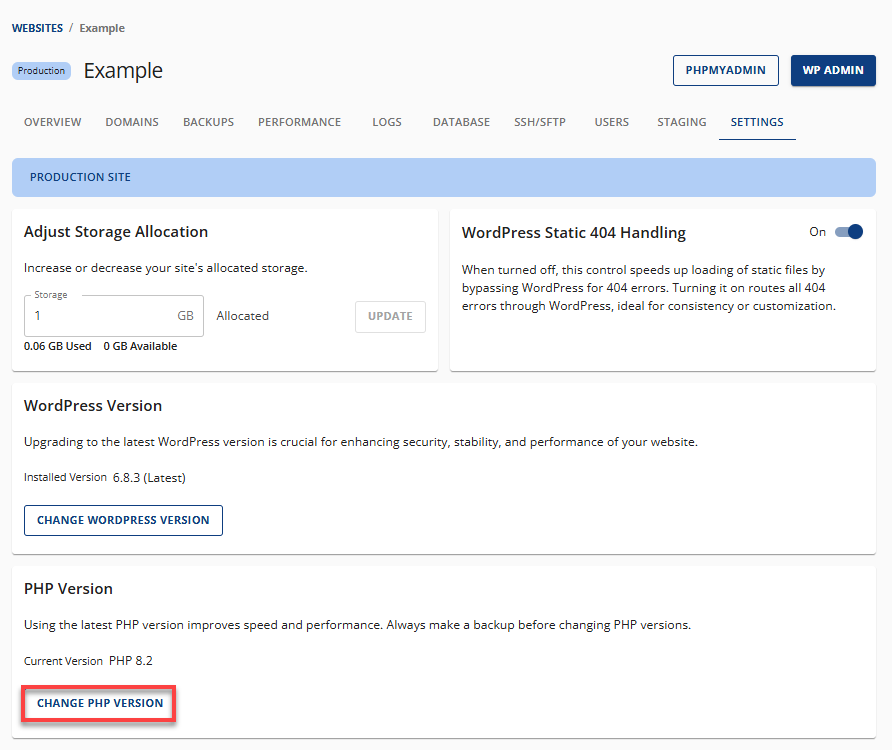 Bluehost Account Manager - Websites Tab - Settings - PHP Version section View