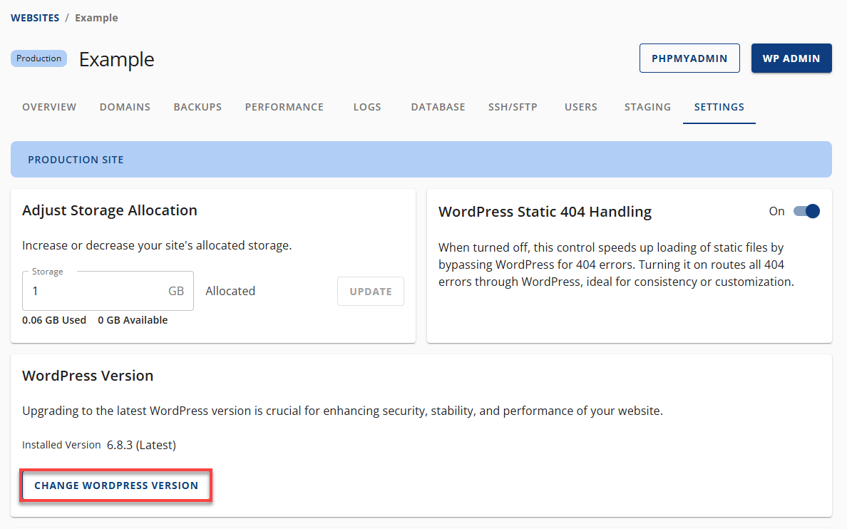 Bluehost Account Manager - Websites Tab - Settings - WordPress Version section View