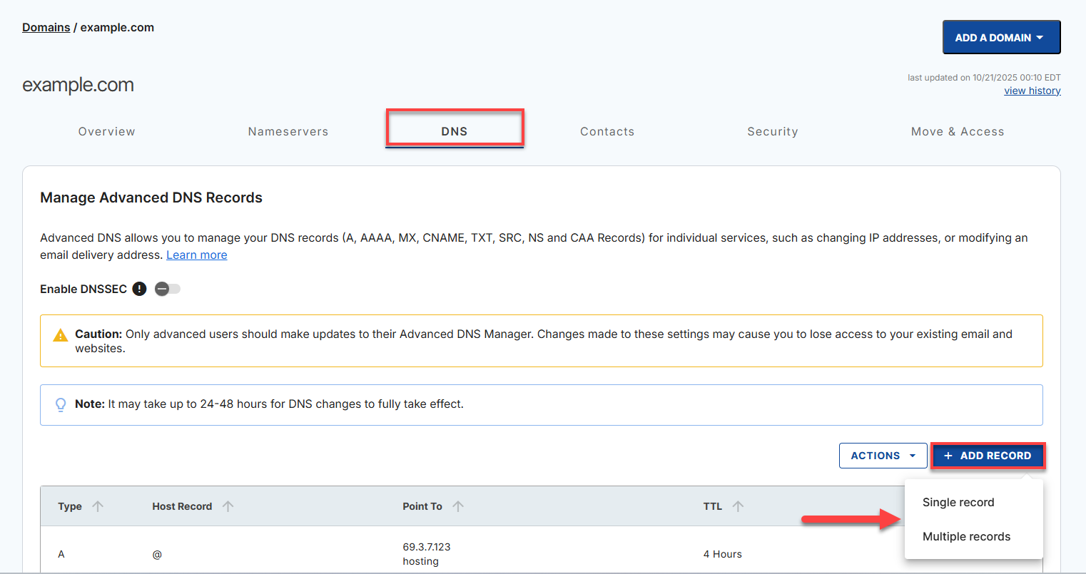 Domains tab - DNS tab - + Add Record button
