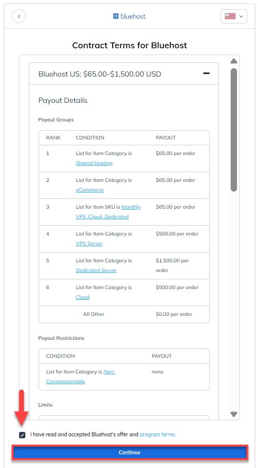 Contract Terms for Bluehost Page Accept button