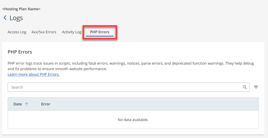 Logs card - PHP Errors tab