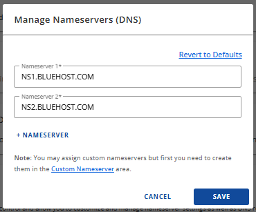 Update name servers - Enter your Bluehost nameservers