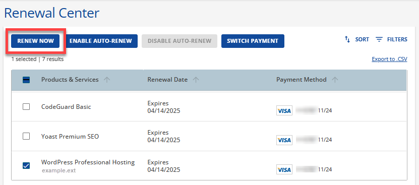 Renewal Center - Renew Now button