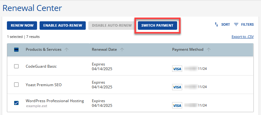 Renewal Center - Switch Payment