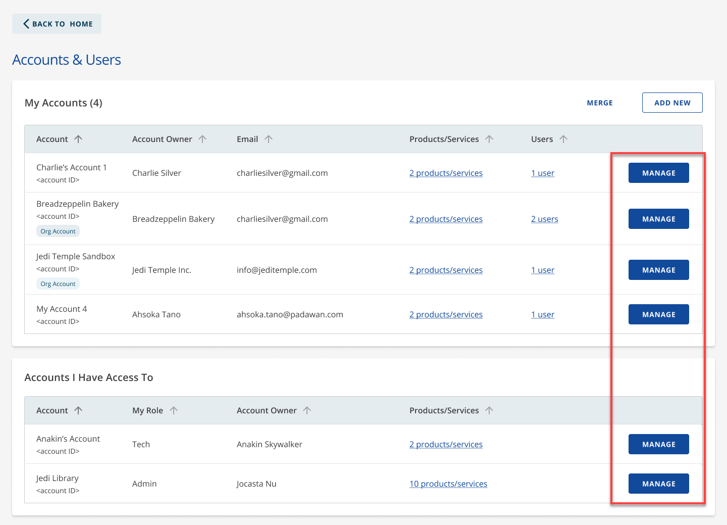 Accounts and Users Page Manage Button