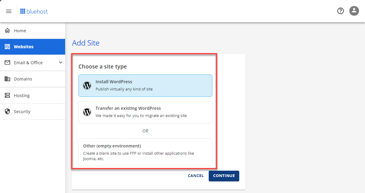 Website Tab - Add Site - Site Type