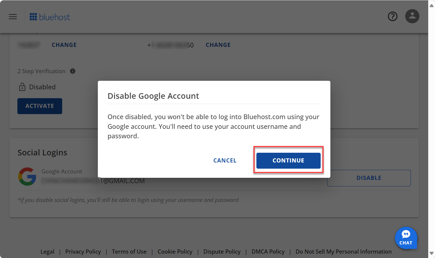 Continue button to disable Google Account
