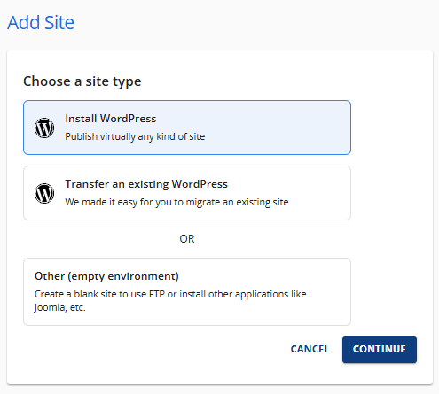 Install WordPress - Continue button