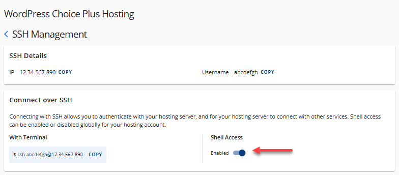 SSH Keys - SSH Access toggle on or off