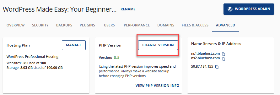 change PHP version button