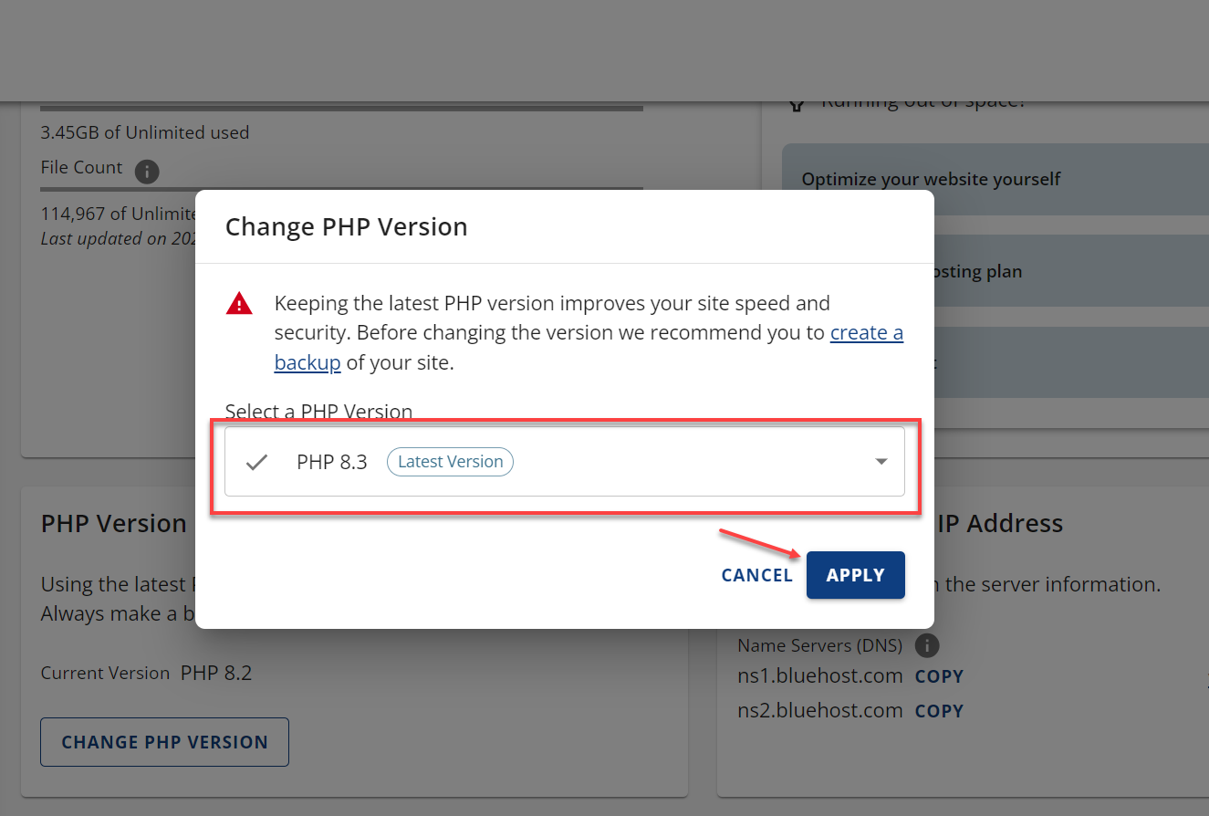 Settings tab and Change PHP version button