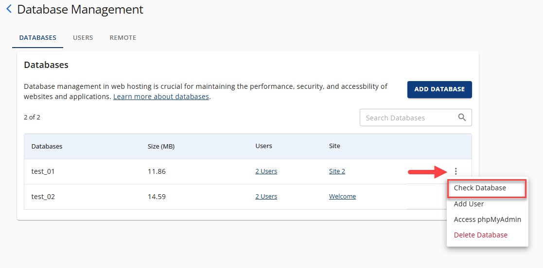 Manage MySQL Database - Check Database