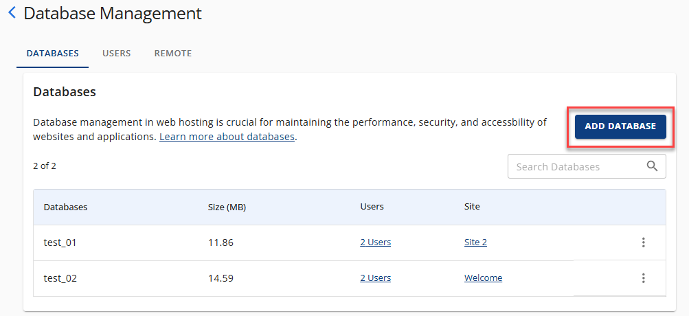 Manage MySQL Database - Add Database