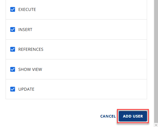 Manage MySQL Database - Add User button