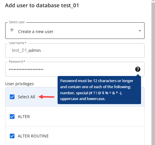 Manage MySQL Database - Enter new username and password, and grant all privileges