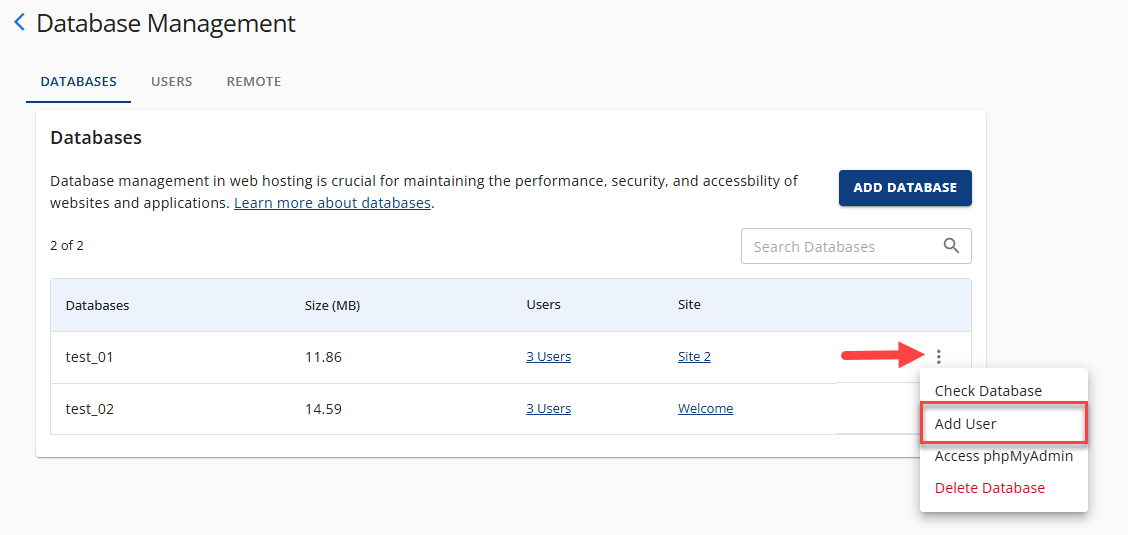 Manage MySQL Database - Add User