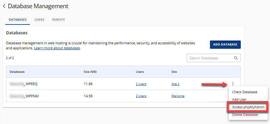 Manage MySQL Database - Access phpMyAdmin
