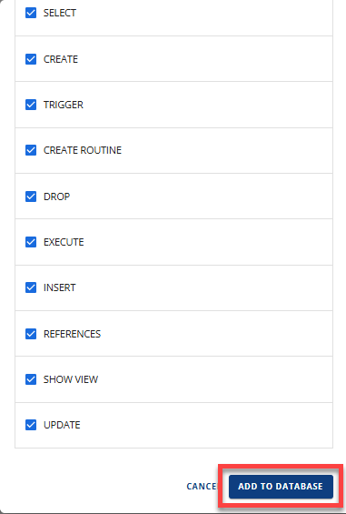 Manage MySQL Database User - Add to Database button