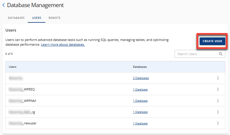 Manage MySQL Database User - Create User button