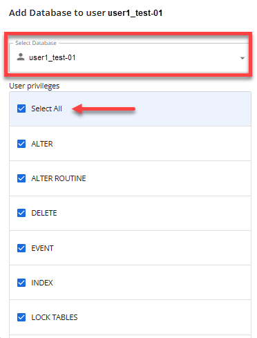 Manage MySQL Database User - Select database and grant privileges