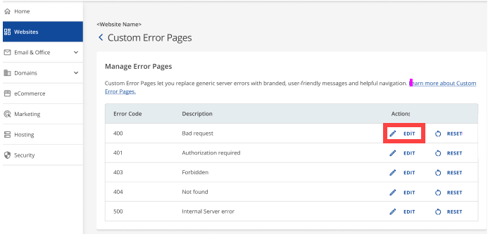 Account Manager - Customize Error Pages - Edit