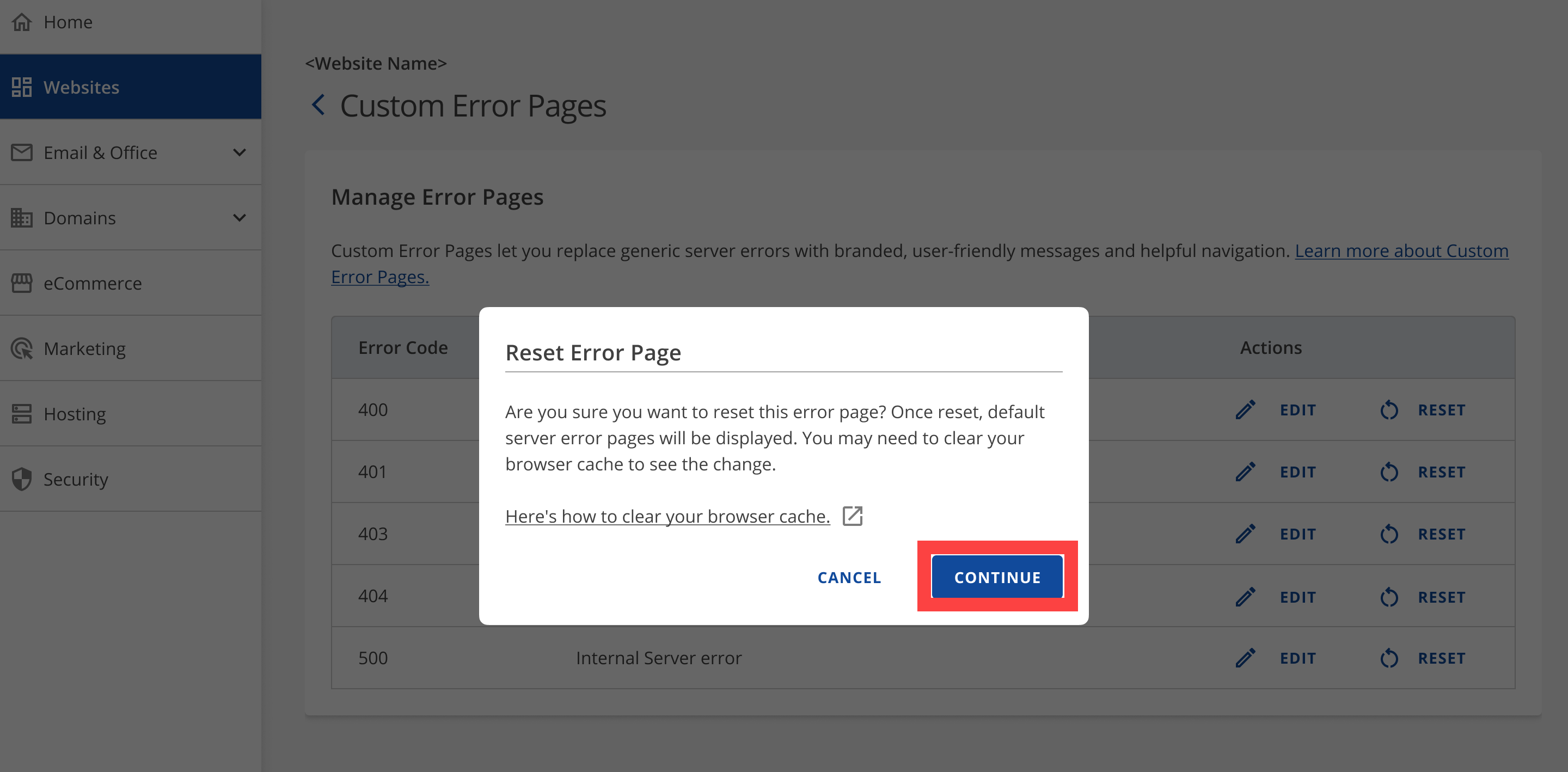 Account Manager - Reset Error Pages - Continue