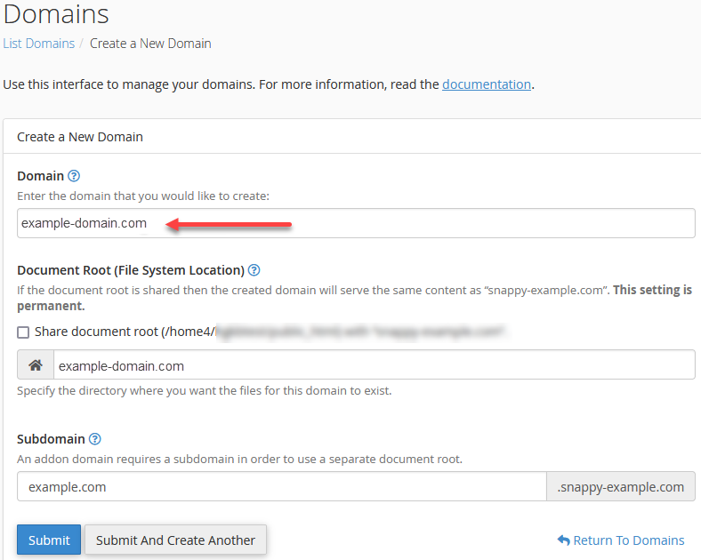 Create an addon domain - Enter addon domain