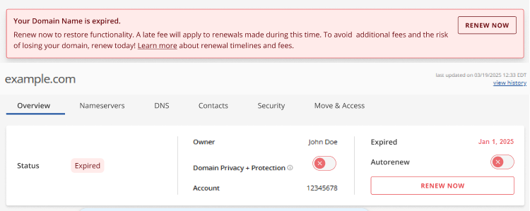 Domains Overview tab  - "Your Domain Name is expired."