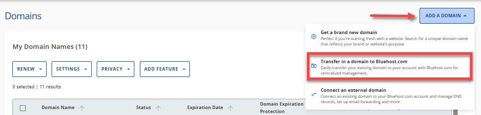 Add a Domain - Transfer in a domain to Bluehost.com