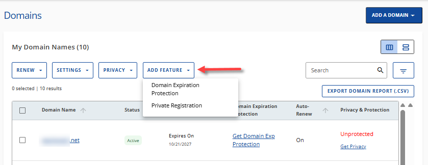 Domains tab - Add Feature menu