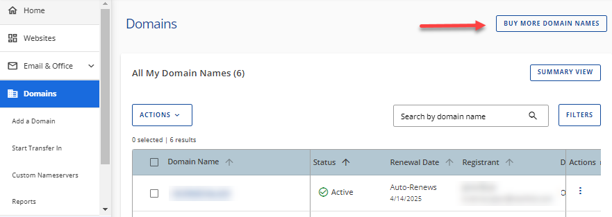 Domains tab - Buy More Domain Names