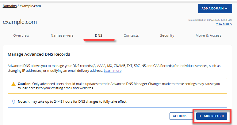 Domains tab - DNS tab - + Add Record button