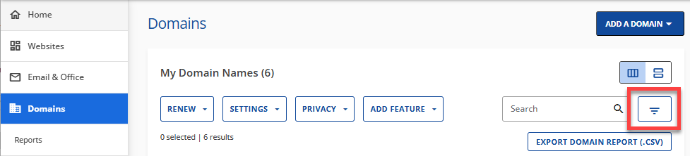 Domains tab - Filter domains