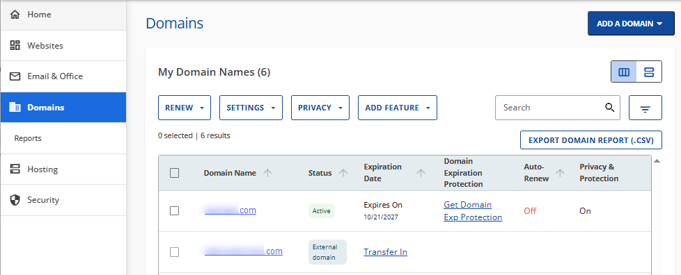 Account Manager - Domains tab