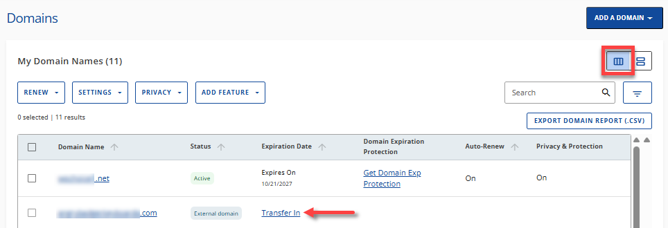 Domain Transfer - List View - Transfer in link