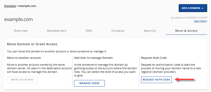 Move & Access tab - Request Auth Code button