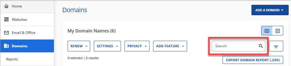 Domains tab - Search box