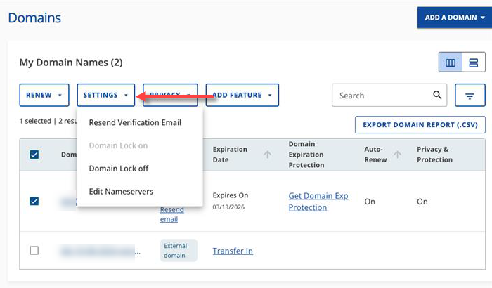 Domains tab - Settings