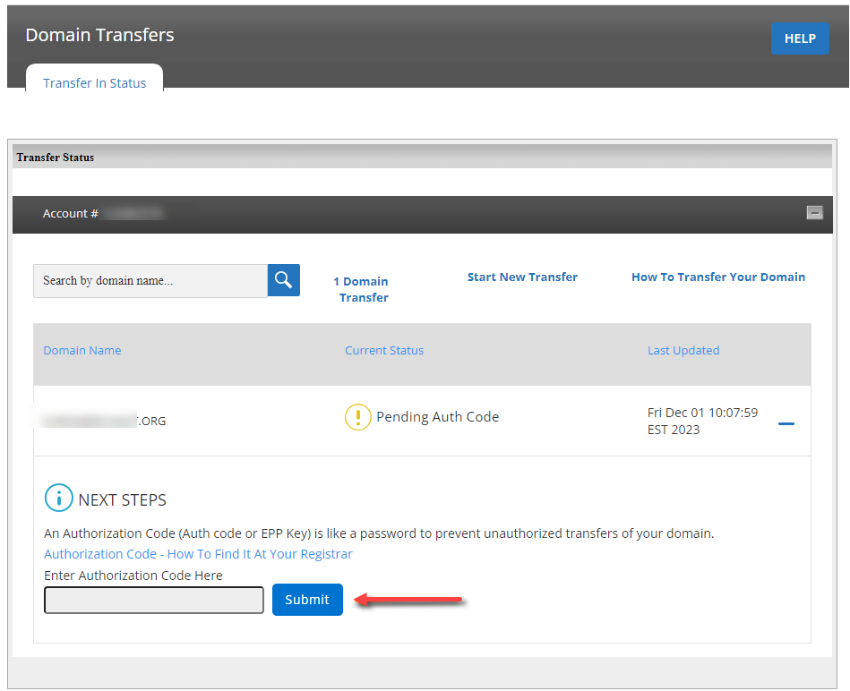 Domain transfer - Enter EPP code