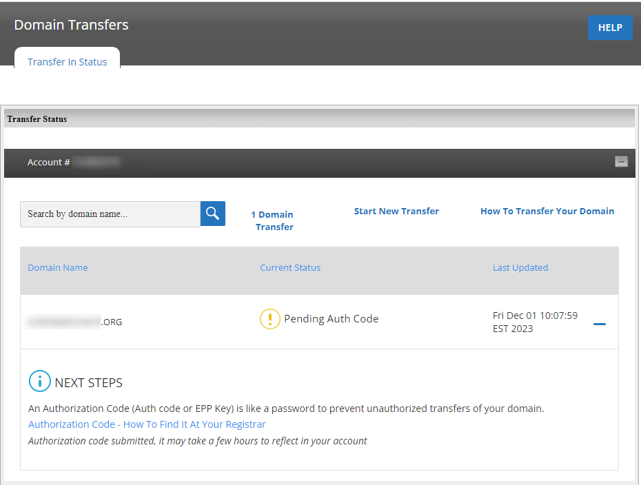 Domain transfer - Domain and EPP code being checked by the system
